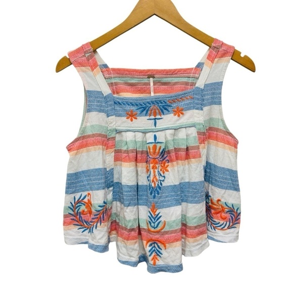 Free People Vintage Embroidered Striped Blue Peach Cotton Tank Top - Picture 3 of 14